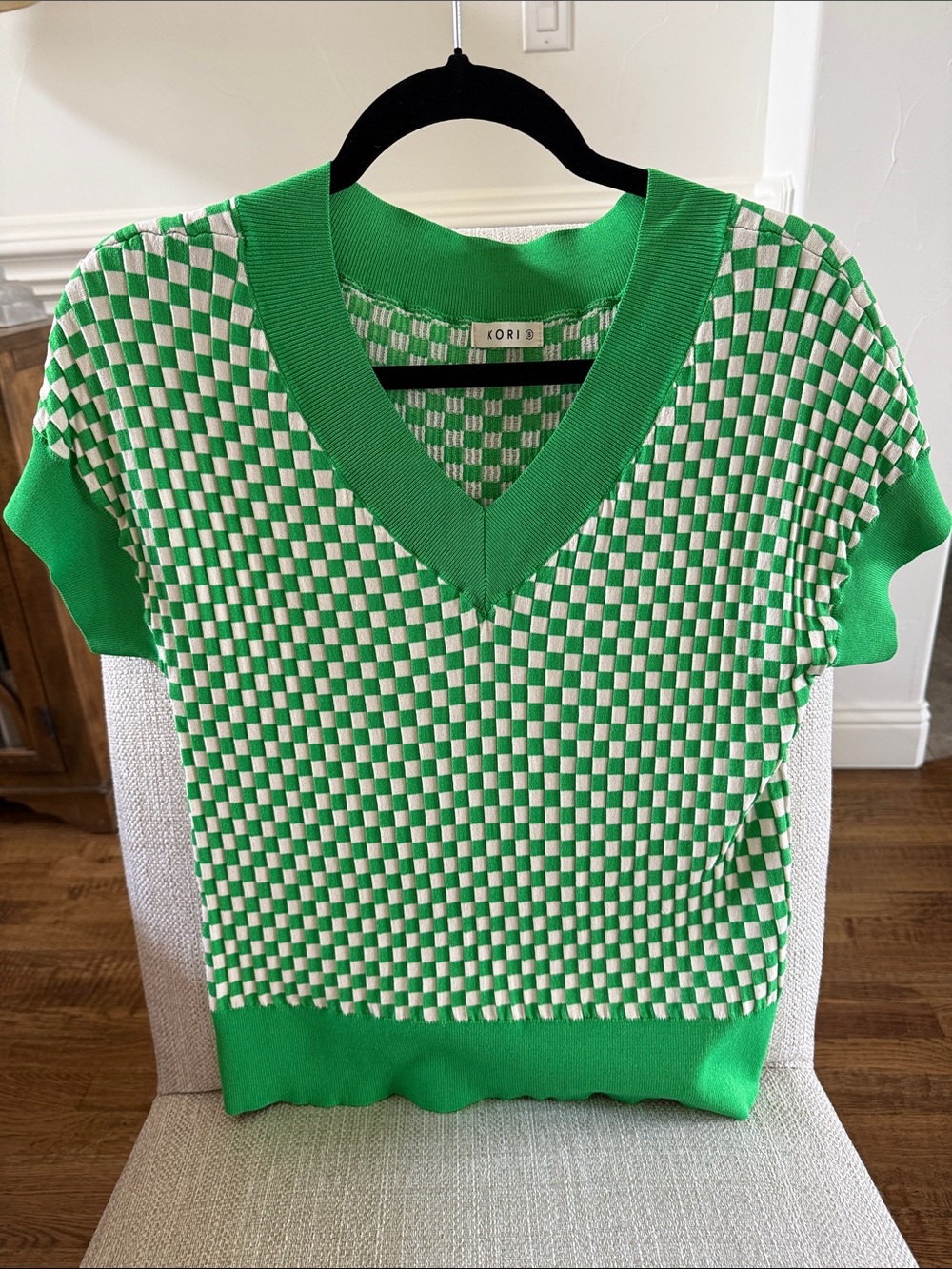 KORI Green and White Checker Knit V-Neck Top